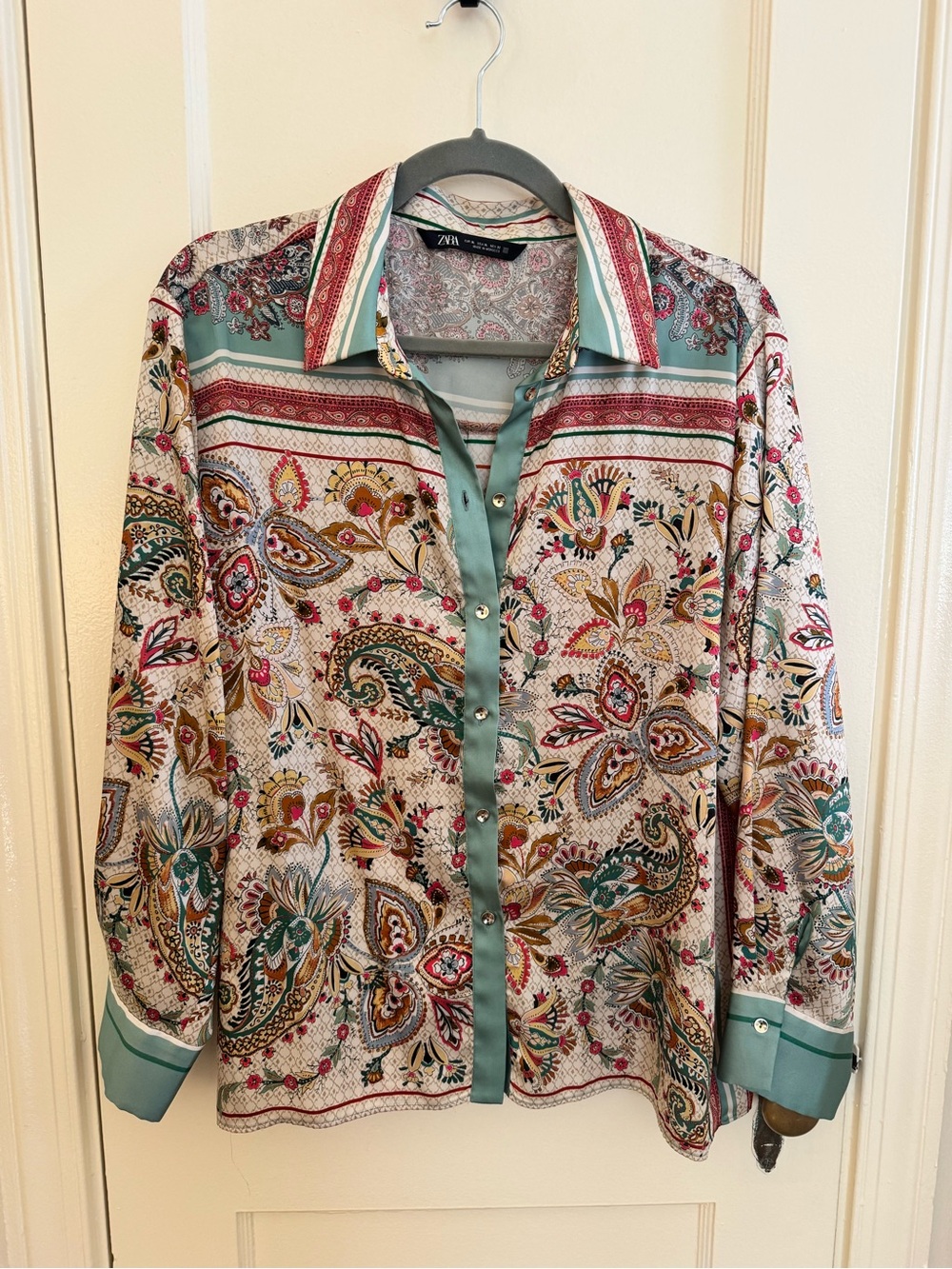 ZARA Paisley Button-Down Shirt in Teal, Cream and Red